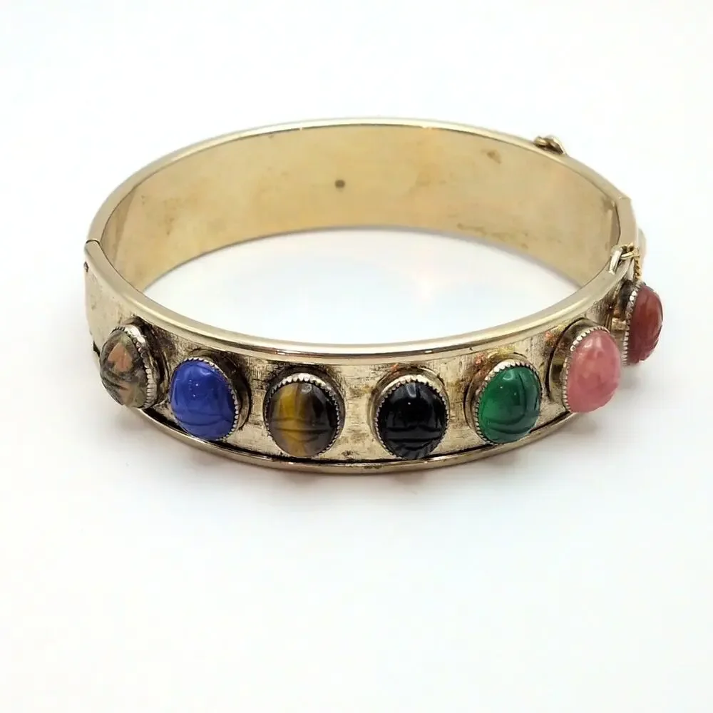Vintage Gemstone Scarab Hinge Bangle Bracelet Gold Tone With Safety Chain